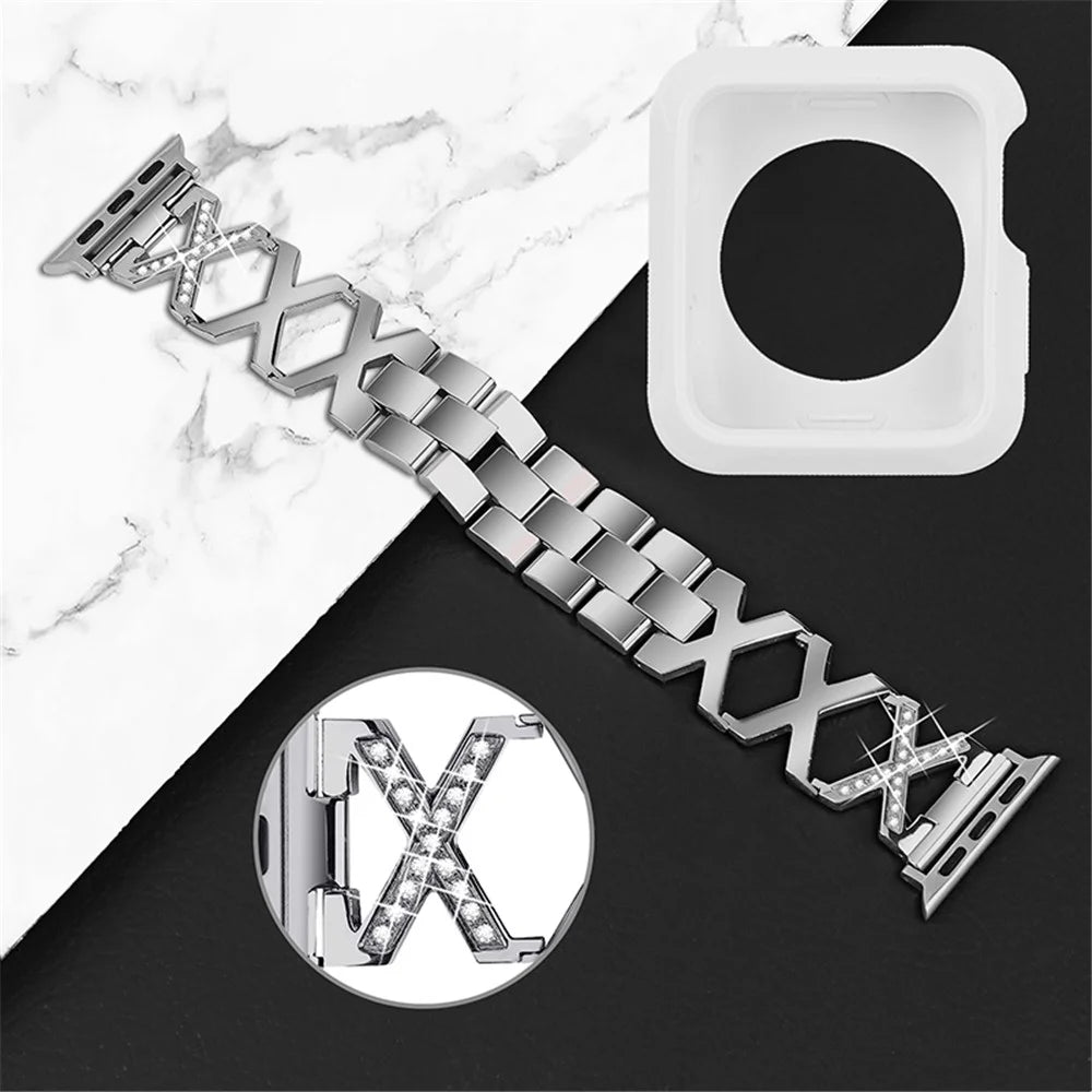 For Apple Watch Series 3 / 2 / 1 38mm Rhinestones Decor Hollow X-Shape Stainless Steel Watch Strap + White TPU Anti-Drop Watch Case - Silver - 3