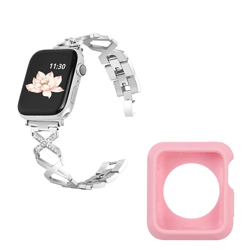 For Apple Watch Series 3 / 2 / 1 38mm Rhinestones Decor Hollow X-Shape Stainless Steel Smartwatch Band + Pink TPU Protective Case - Silver - 1