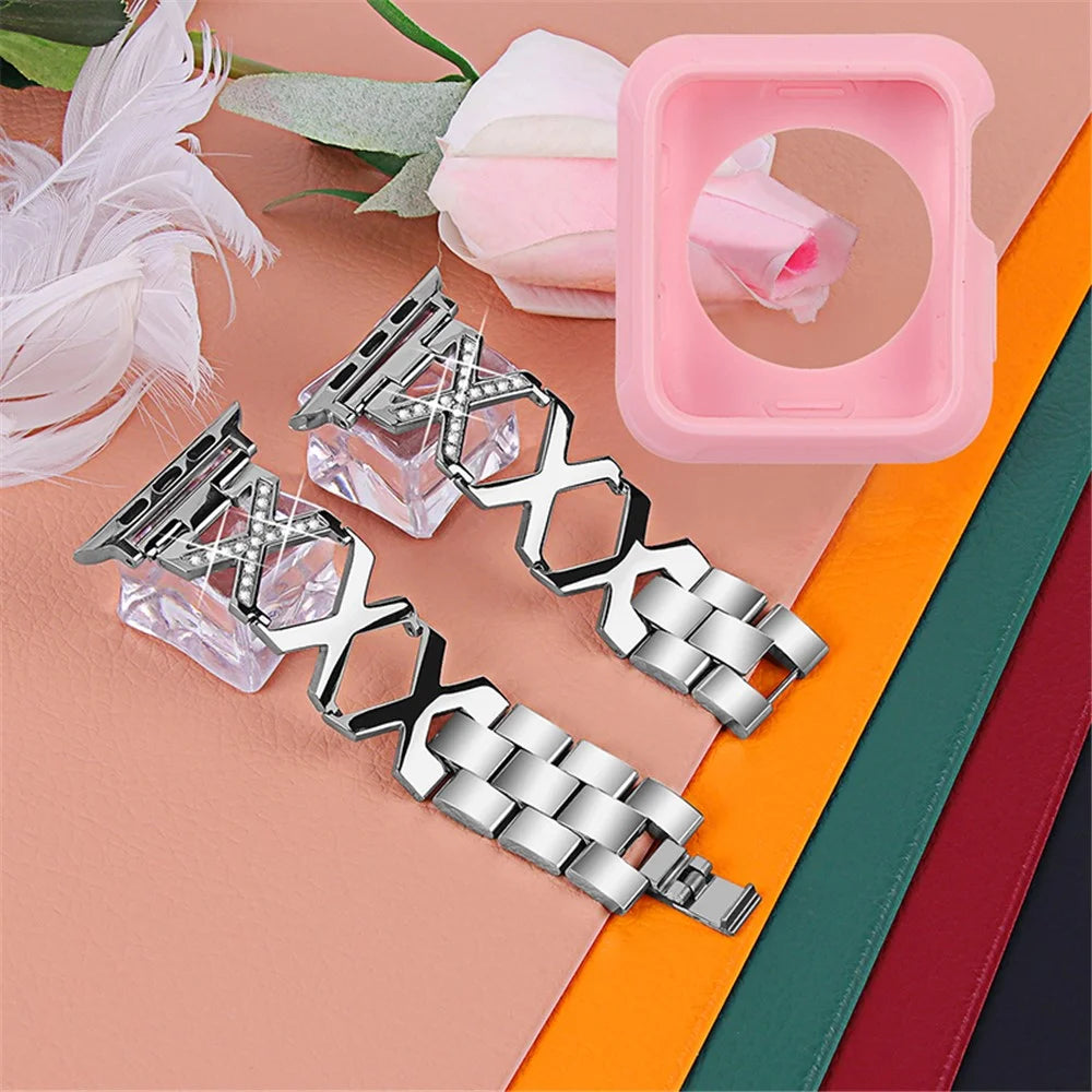 For Apple Watch Series 3 / 2 / 1 38mm Rhinestones Decor Hollow X-Shape Stainless Steel Smartwatch Band + Pink TPU Protective Case - Silver - 2