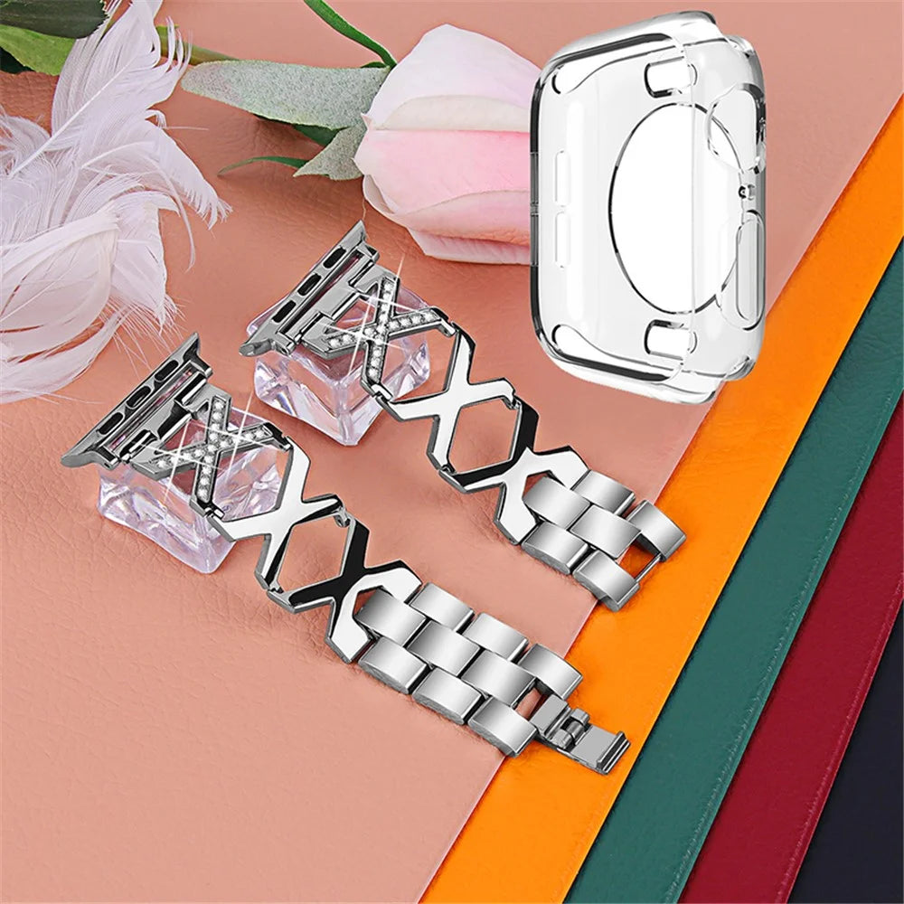 For Apple Watch Series 3 / 2 / 1 38mm Stylish Rhinestones Decor Hollow X-Shape Stainless Steel Wrist Strap + Transparent TPU Watch Case - Silver - 2