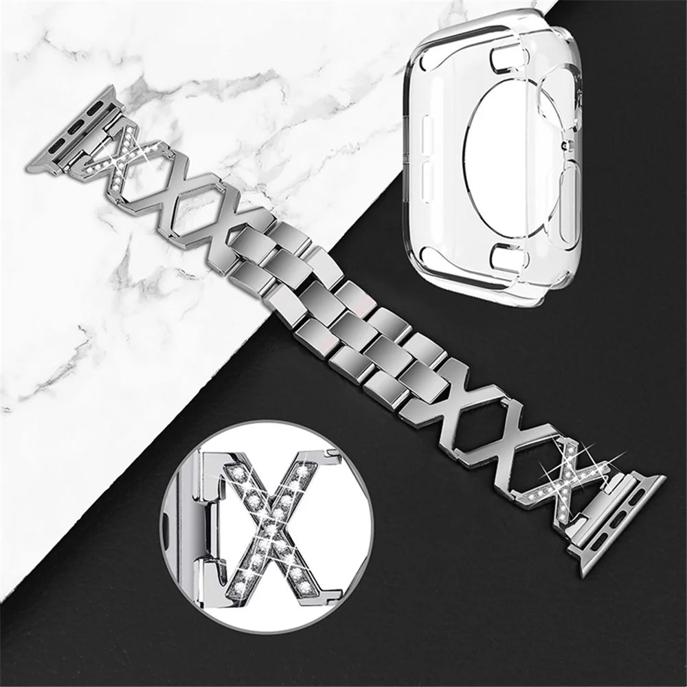 For Apple Watch Series 3 / 2 / 1 38mm Stylish Rhinestones Decor Hollow X-Shape Stainless Steel Wrist Strap + Transparent TPU Watch Case - Silver - 3
