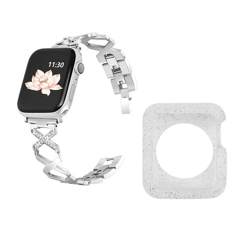 For Apple Watch Series 3 / 2 / 1 38mm Hollow X-Shape Rhinestones Decor Stainless Steel Watch Band + Glitter Silver TPU Protective Watch Case - Silver - 1