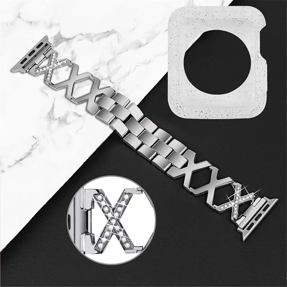 For Apple Watch Series 3 / 2 / 1 38mm Hollow X-Shape Rhinestones Decor Stainless Steel Watch Band + Glitter Silver TPU Protective Watch Case - Silver - 3