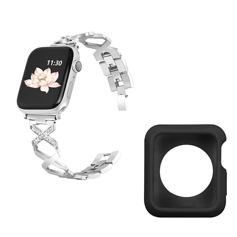For Apple Watch Series 3 / 2 / 1 38mm Shiny Rhinestones Hollow X-Shape Design Stainless Steel Replace Strap + Black TPU Watch Protective Case - Silver - 1