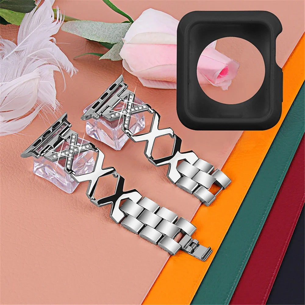 For Apple Watch Series 3 / 2 / 1 38mm Shiny Rhinestones Hollow X-Shape Design Stainless Steel Replace Strap + Black TPU Watch Protective Case - Silver - 2
