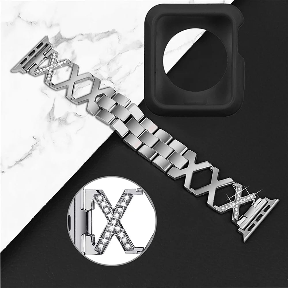 For Apple Watch Series 3 / 2 / 1 38mm Shiny Rhinestones Hollow X-Shape Design Stainless Steel Replace Strap + Black TPU Watch Protective Case - Silver - 3