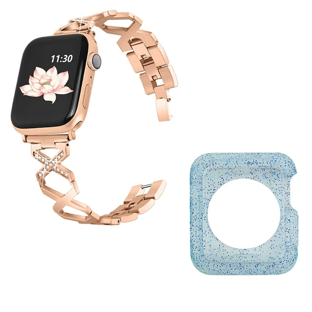 For Apple Watch Series 3 / 2 / 1 38mm Rhinestones Decor Hollow X-Shape Stylish Stainless Steel Watch Band + Glitter Blue TPU Watch Case - Rose Gold - 1