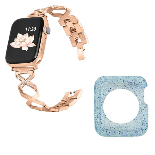 For Apple Watch Series 3 / 2 / 1 38mm Rhinestones Decor Hollow X-Shape Stylish Stainless Steel Watch Band + Glitter Blue TPU Watch Case - Rose Gold - 1