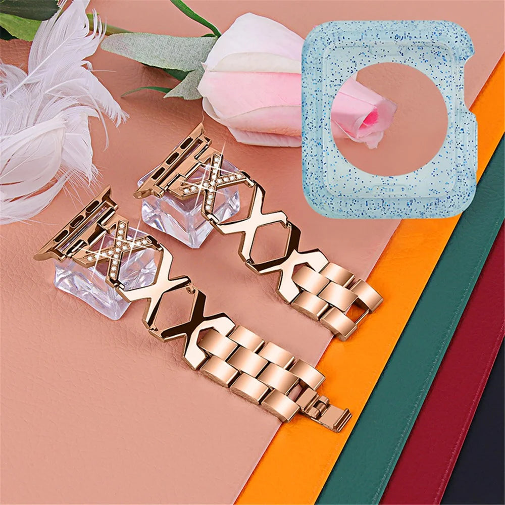 For Apple Watch Series 3 / 2 / 1 38mm Rhinestones Decor Hollow X-Shape Stylish Stainless Steel Watch Band + Glitter Blue TPU Watch Case - Rose Gold - 2