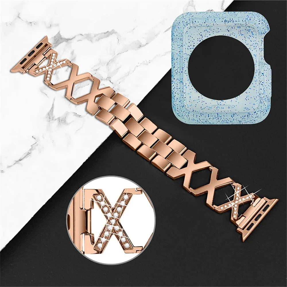 For Apple Watch Series 3 / 2 / 1 38mm Rhinestones Decor Hollow X-Shape Stylish Stainless Steel Watch Band + Glitter Blue TPU Watch Case - Rose Gold - 3