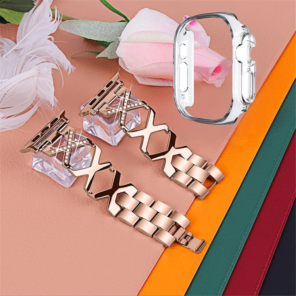 For Apple Watch Ultra 49mm Rhinestone Decor Watch Band X-shaped Stainless Steel Bracelet with Transparent Watch Bumper Frame - Gold - 2