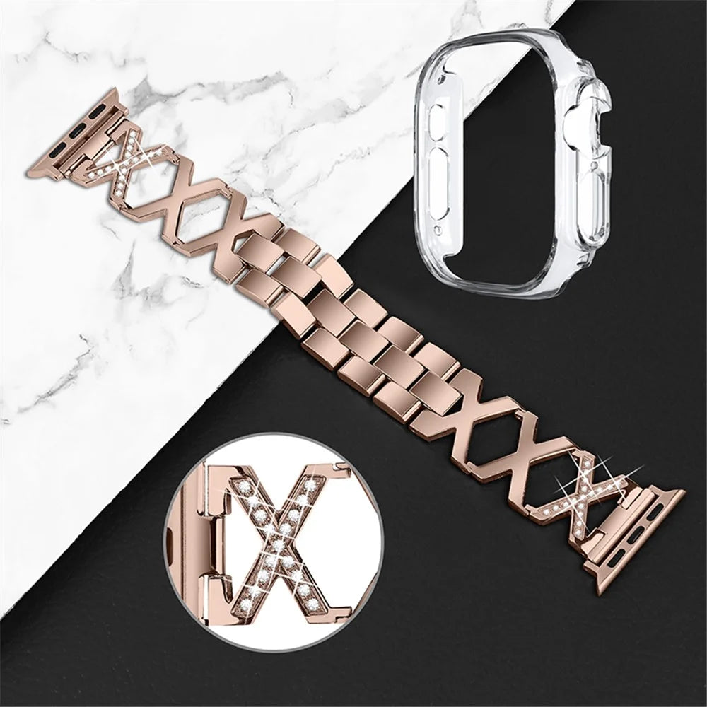 For Apple Watch Ultra 49mm Rhinestone Decor Watch Band X-shaped Stainless Steel Bracelet with Transparent Watch Bumper Frame - Gold - 3