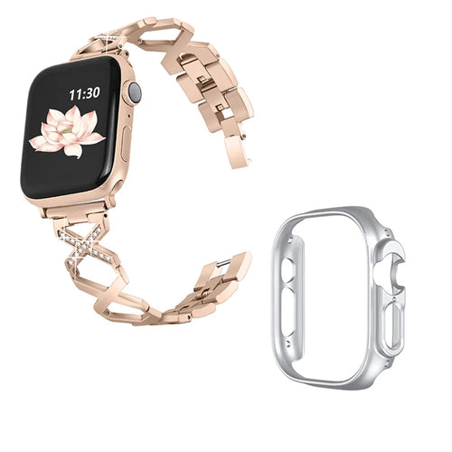 For Apple Watch Ultra 49mm X-shaped Stainless Steel Watch Band Rhinestone Decor Replacement Strap with Silver PC Watch Cover Frame - Gold - 1