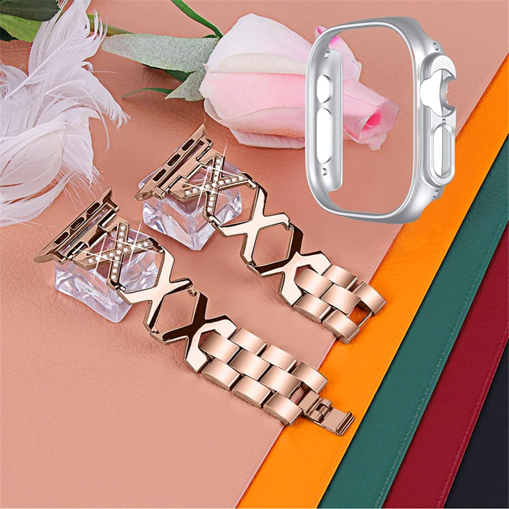 For Apple Watch Ultra 49mm X-shaped Stainless Steel Watch Band Rhinestone Decor Replacement Strap with Silver PC Watch Cover Frame - Gold - 2