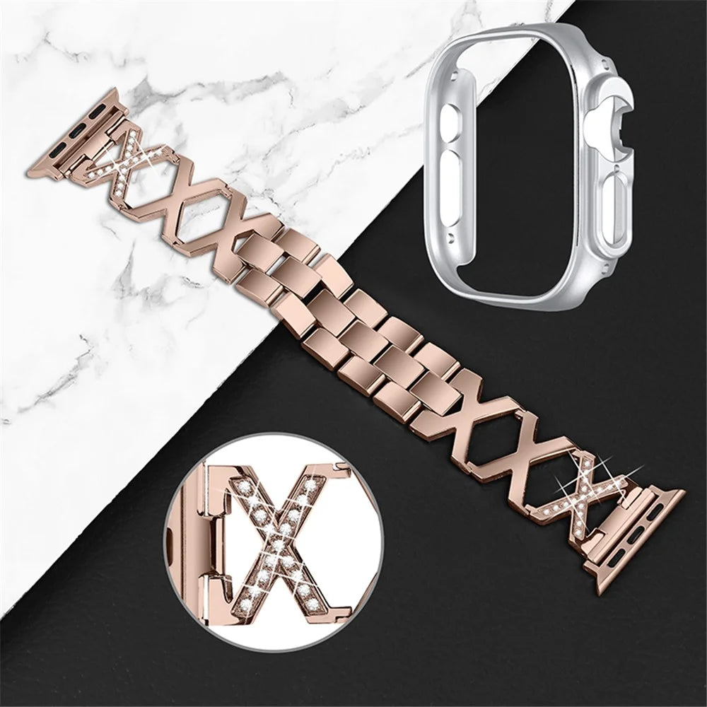 For Apple Watch Ultra 49mm X-shaped Stainless Steel Watch Band Rhinestone Decor Replacement Strap with Silver PC Watch Cover Frame - Gold - 3