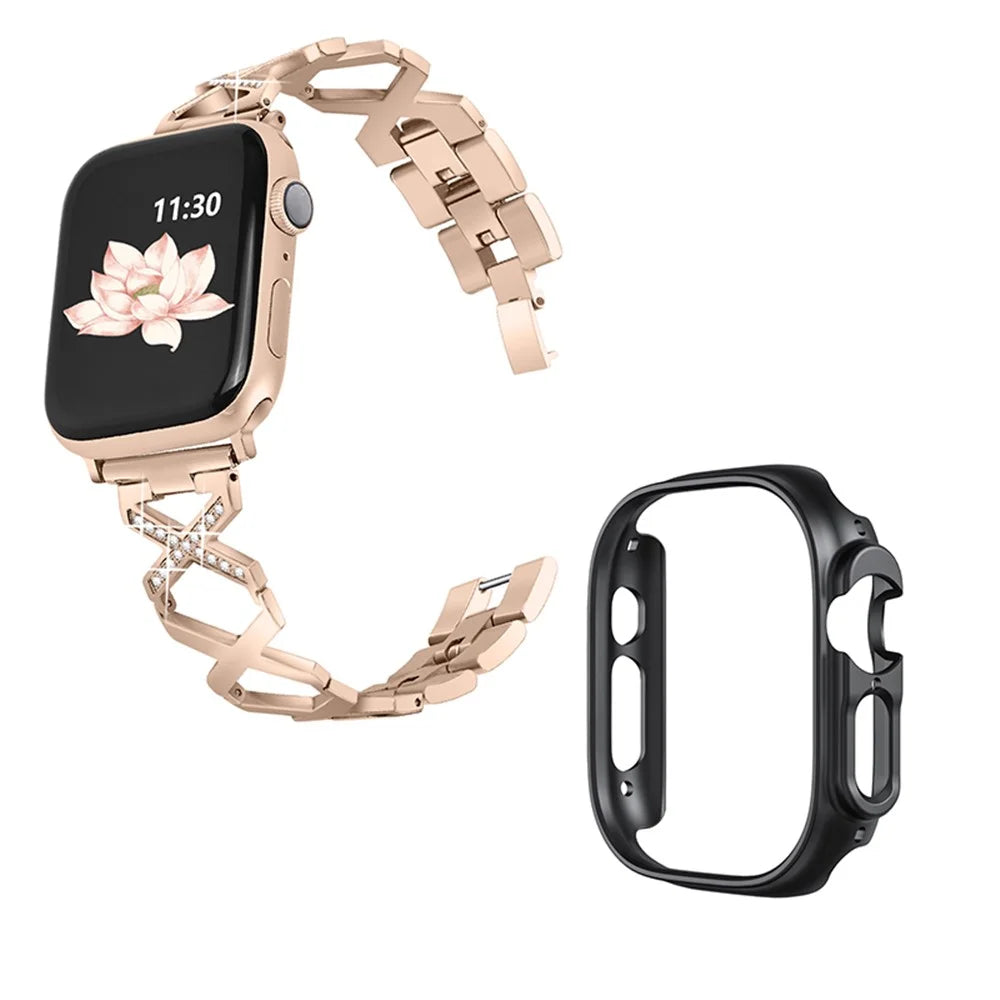 For Apple Watch Ultra 49mm X-shaped Rhinestone Decor Watch Band Stainless Steel Bracelet Strap Wristband Replacement with Black PC Watch Cover Frame - Gold - 1