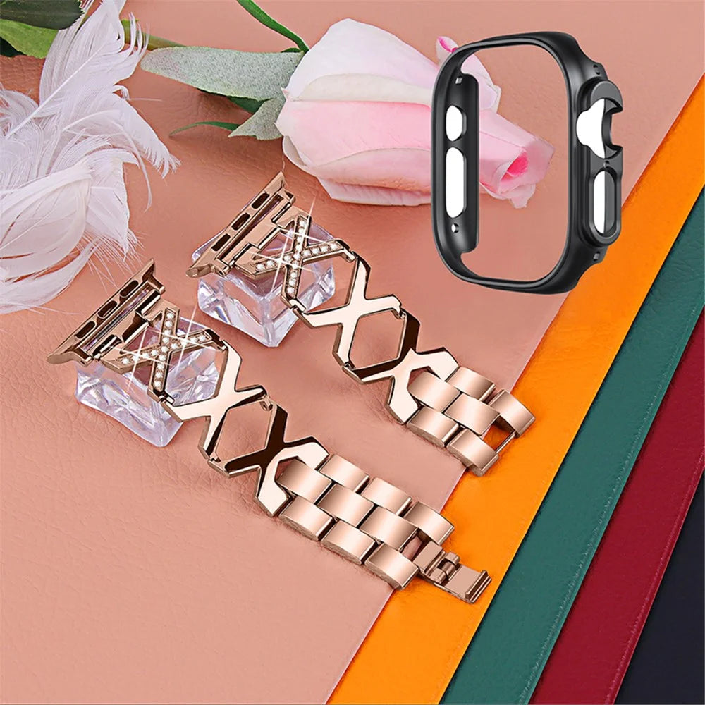 For Apple Watch Ultra 49mm X-shaped Rhinestone Decor Watch Band Stainless Steel Bracelet Strap Wristband Replacement with Black PC Watch Cover Frame - Gold - 2