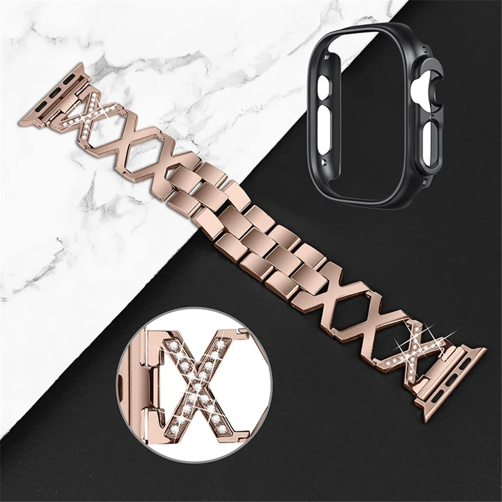 For Apple Watch Ultra 49mm X-shaped Rhinestone Decor Watch Band Stainless Steel Bracelet Strap Wristband Replacement with Black PC Watch Cover Frame - Gold - 3