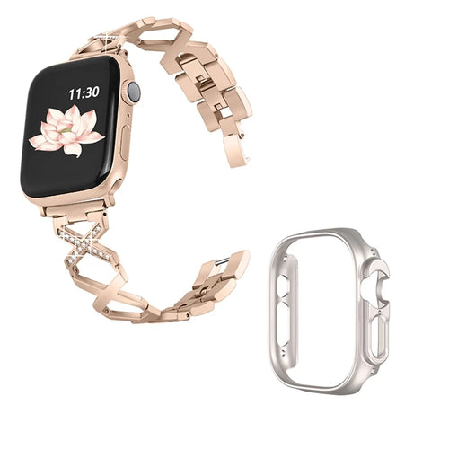 For Apple Watch Ultra 49mm Stainless Steel Watch Band Rhinestone Decor X-shaped Strap Replacement with Hollow Starlight Color PC Watch Case - Gold - 1