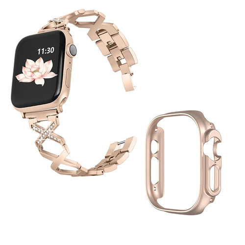 For Apple Watch Ultra 49mm Rhinestone Decor Bling Watch Band X-shaped Stainless Steel Strap with Rose Gold PC Hollow Watch Case - Gold - 1
