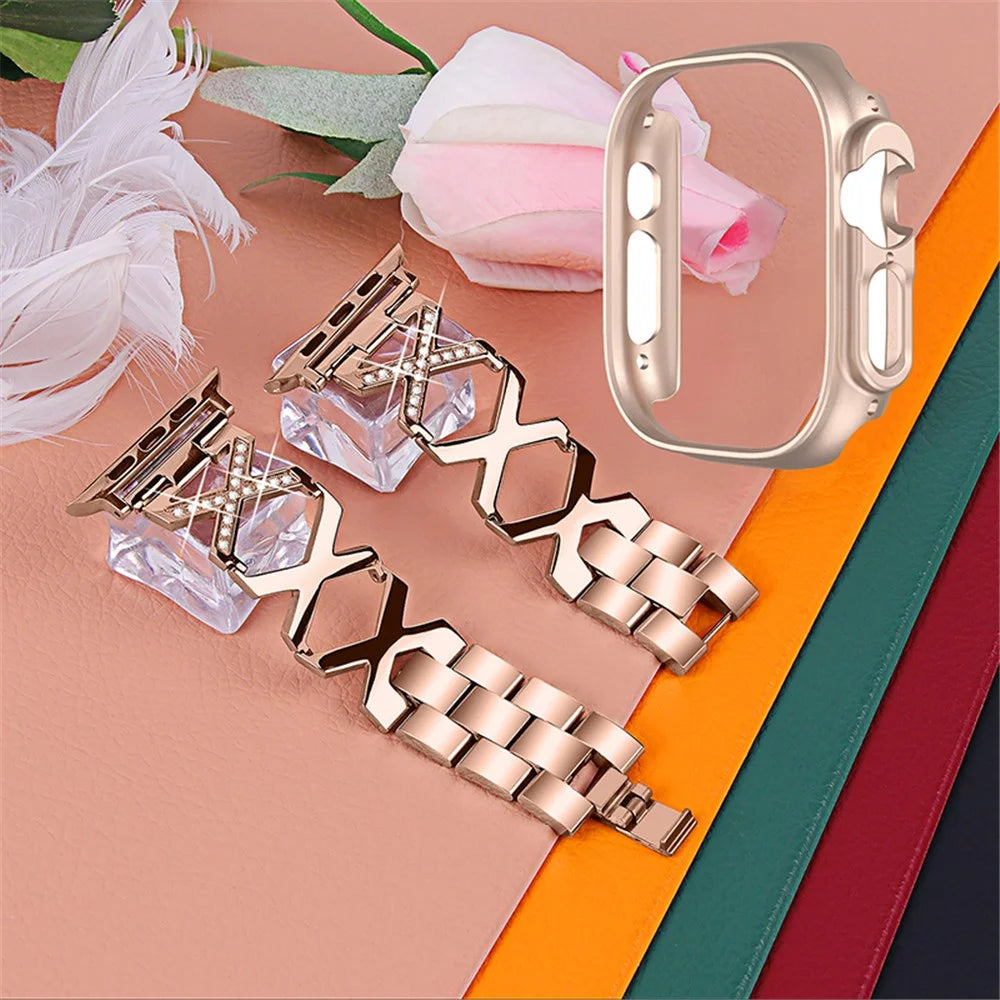 For Apple Watch Ultra 49mm Rhinestone Decor Bling Watch Band X-shaped Stainless Steel Strap with Rose Gold PC Hollow Watch Case - Gold - 2