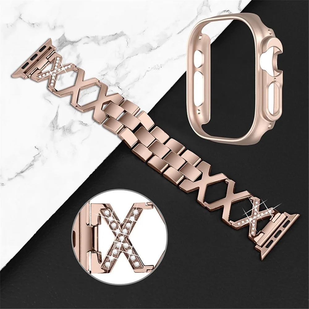 For Apple Watch Ultra 49mm Rhinestone Decor Bling Watch Band X-shaped Stainless Steel Strap with Rose Gold PC Hollow Watch Case - Gold - 3