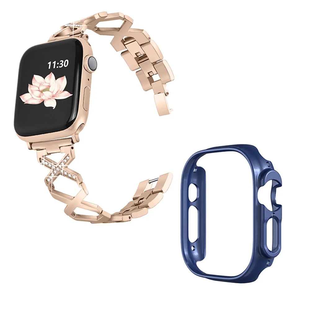 For Apple Watch Ultra 49mm Stainless Steel X-shaped Watch Band Rhinestone Decor Bracelet Wristband with Hollow Midnight Blue PC Watch Cover - Gold - 1
