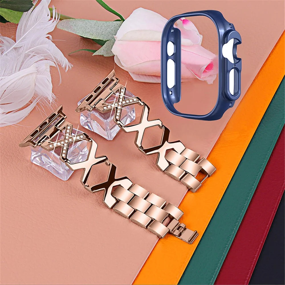 For Apple Watch Ultra 49mm Stainless Steel X-shaped Watch Band Rhinestone Decor Bracelet Wristband with Hollow Midnight Blue PC Watch Cover - Gold - 2