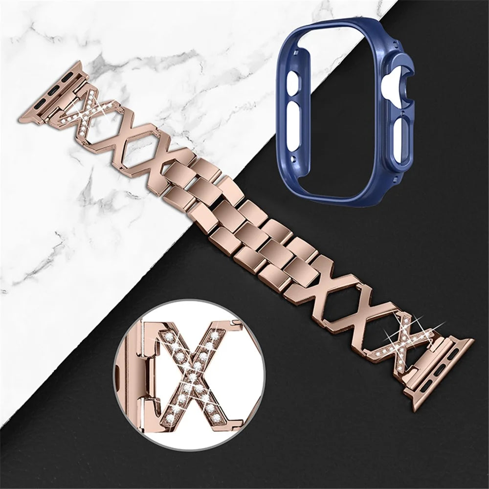 For Apple Watch Ultra 49mm Stainless Steel X-shaped Watch Band Rhinestone Decor Bracelet Wristband with Hollow Midnight Blue PC Watch Cover - Gold - 3