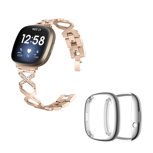 For Fitbit Versa 3 / Sense Rhinestone Decor X-shaped Watch Band Strap Bracelet Replacement with Silver All-round Protection TPU Watch Case - Gold - 1