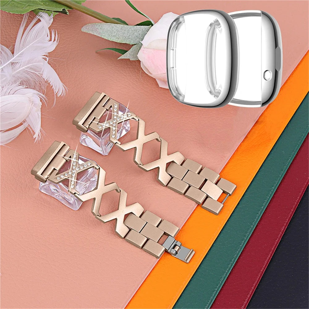 For Fitbit Versa 3 / Sense Rhinestone Decor X-shaped Watch Band Strap Bracelet Replacement with Silver All-round Protection TPU Watch Case - Gold - 2