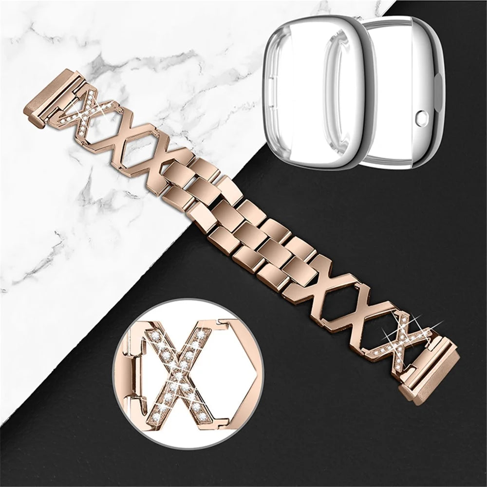 For Fitbit Versa 3 / Sense Rhinestone Decor X-shaped Watch Band Strap Bracelet Replacement with Silver All-round Protection TPU Watch Case - Gold - 3