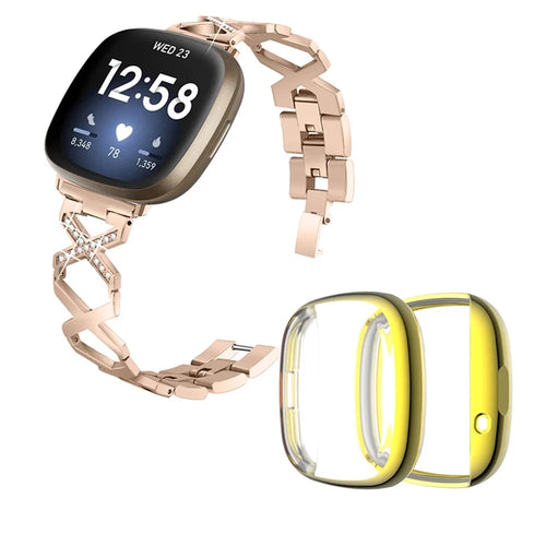 For Fitbit Versa 3 / Sense Watch Band Strap X-shaped Hollow Rhinestone Decor Bracelet Replacement with Gold Full Protection TPU Watch Cover - Gold - 1