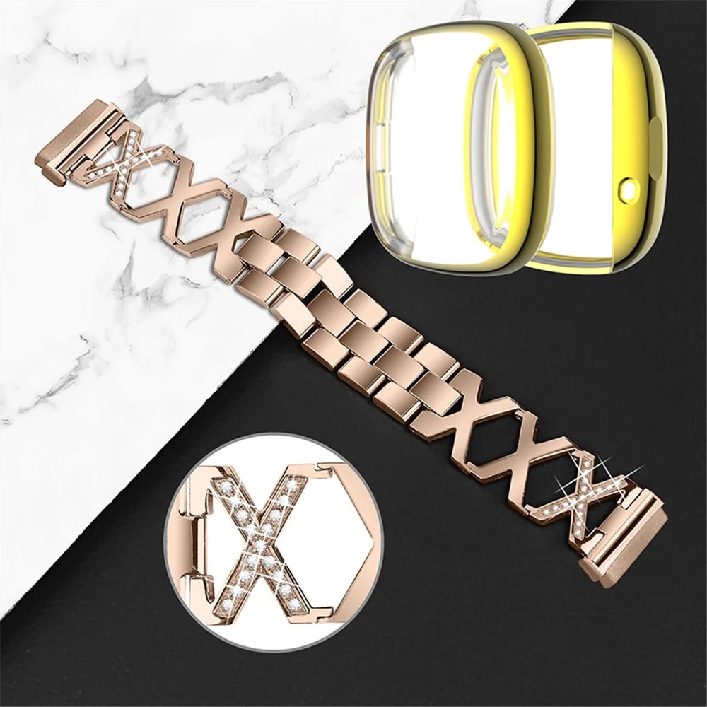 For Fitbit Versa 3 / Sense Watch Band Strap X-shaped Hollow Rhinestone Decor Bracelet Replacement with Gold Full Protection TPU Watch Cover - Gold - 3