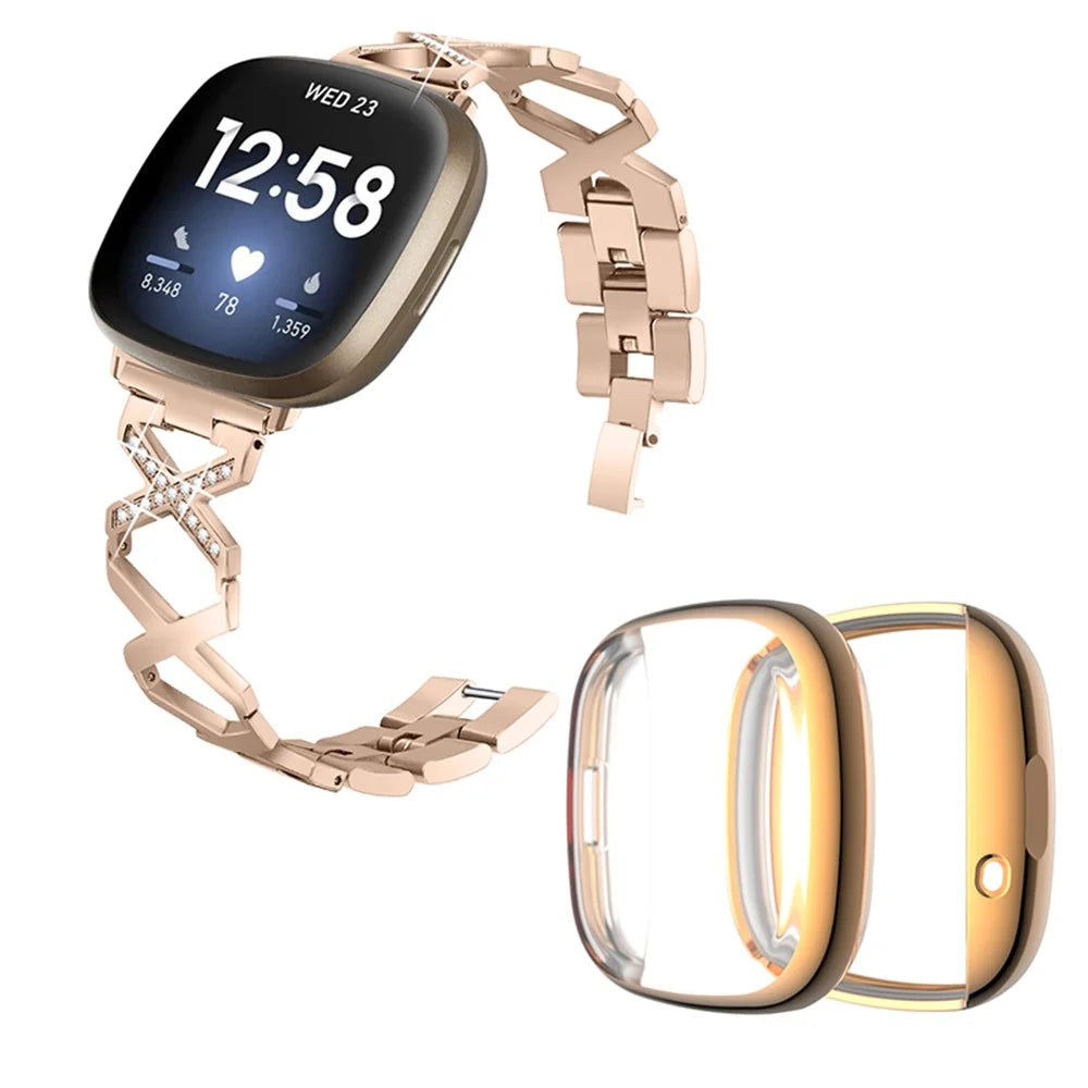 For Fitbit Versa 3 / Sense Watch Band Bracelet X-shaped Hollow Shiny Rhinestone Wrist Strap with Rose Gold Full Cover TPU Watch Case - Gold - 1