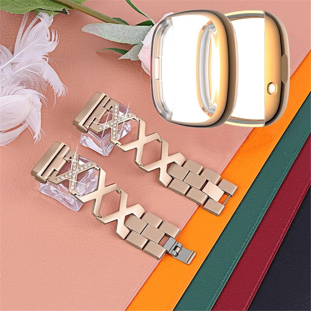 For Fitbit Versa 3 / Sense Watch Band Bracelet X-shaped Hollow Shiny Rhinestone Wrist Strap with Rose Gold Full Cover TPU Watch Case - Gold - 2