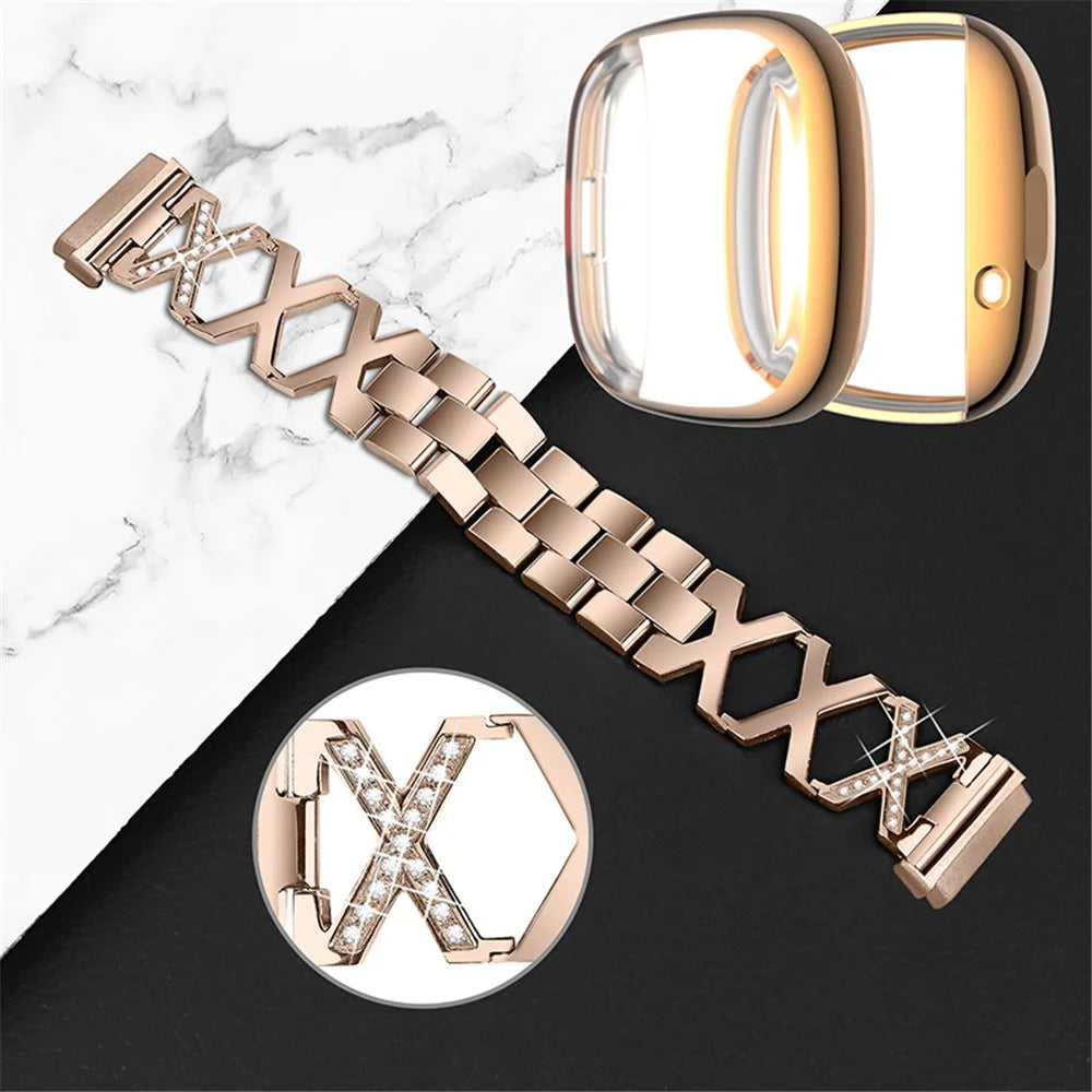 For Fitbit Versa 3 / Sense Watch Band Bracelet X-shaped Hollow Shiny Rhinestone Wrist Strap with Rose Gold Full Cover TPU Watch Case - Gold - 3