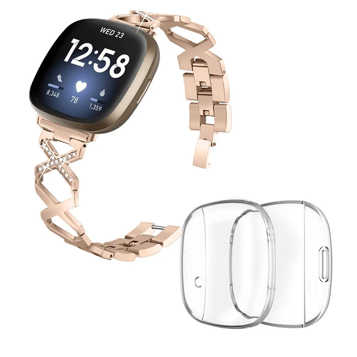 For Fitbit Versa 3 / Sense X-shaped Hollow Watch Band Rhinestone Decor Bracelet Strap with Full Cover Transparent TPU Watch Case - Gold - 1
