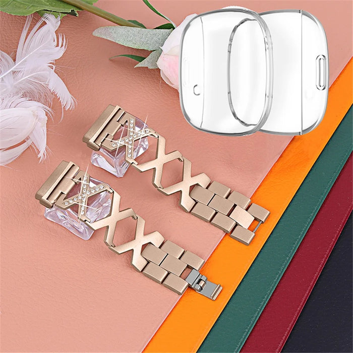 For Fitbit Versa 3 / Sense X-shaped Hollow Watch Band Rhinestone Decor Bracelet Strap with Full Cover Transparent TPU Watch Case - Gold - 2
