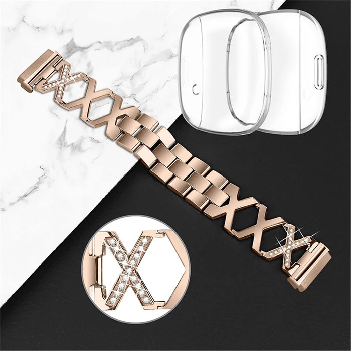 For Fitbit Versa 3 / Sense X-shaped Hollow Watch Band Rhinestone Decor Bracelet Strap with Full Cover Transparent TPU Watch Case - Gold - 3