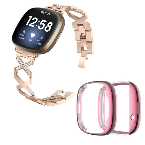 For Fitbit Versa 3 / Sense Rhinestone Decor X-shaped Watch Band Bracelet Replacement Wrist Strap with Rose Pink Full Coverage TPU Watch Case - Gold - 1