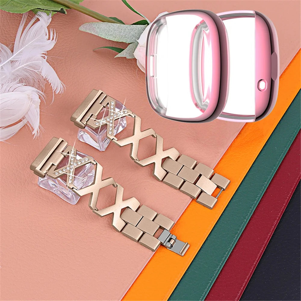 For Fitbit Versa 3 / Sense Rhinestone Decor X-shaped Watch Band Bracelet Replacement Wrist Strap with Rose Pink Full Coverage TPU Watch Case - Gold - 2