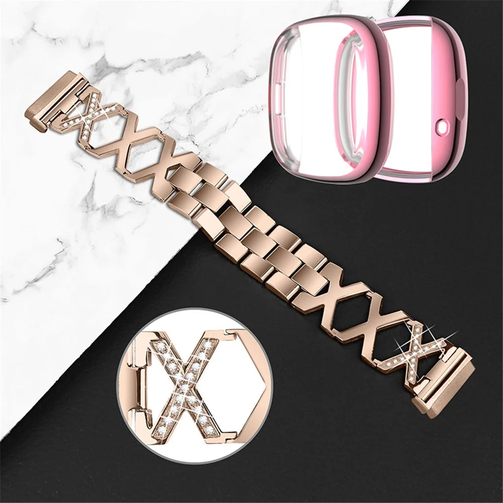 For Fitbit Versa 3 / Sense Rhinestone Decor X-shaped Watch Band Bracelet Replacement Wrist Strap with Rose Pink Full Coverage TPU Watch Case - Gold - 3