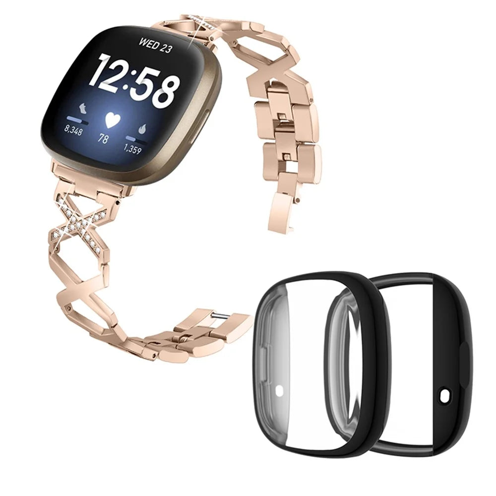 For Fitbit Versa 3 / Sense Replacement Watch Strap X-shaped Hollow Rhinestone Decor Wristband Bracelet with Black Full Protection TPU Watch Case - Gold - 1