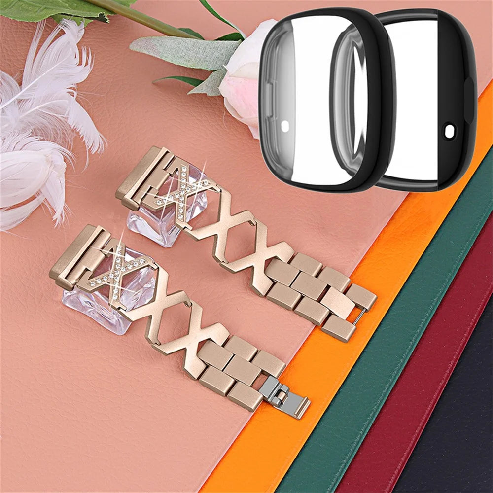 For Fitbit Versa 3 / Sense Replacement Watch Strap X-shaped Hollow Rhinestone Decor Wristband Bracelet with Black Full Protection TPU Watch Case - Gold - 2