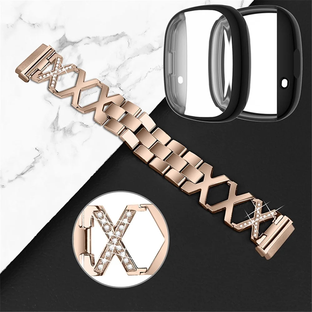For Fitbit Versa 3 / Sense Replacement Watch Strap X-shaped Hollow Rhinestone Decor Wristband Bracelet with Black Full Protection TPU Watch Case - Gold - 3
