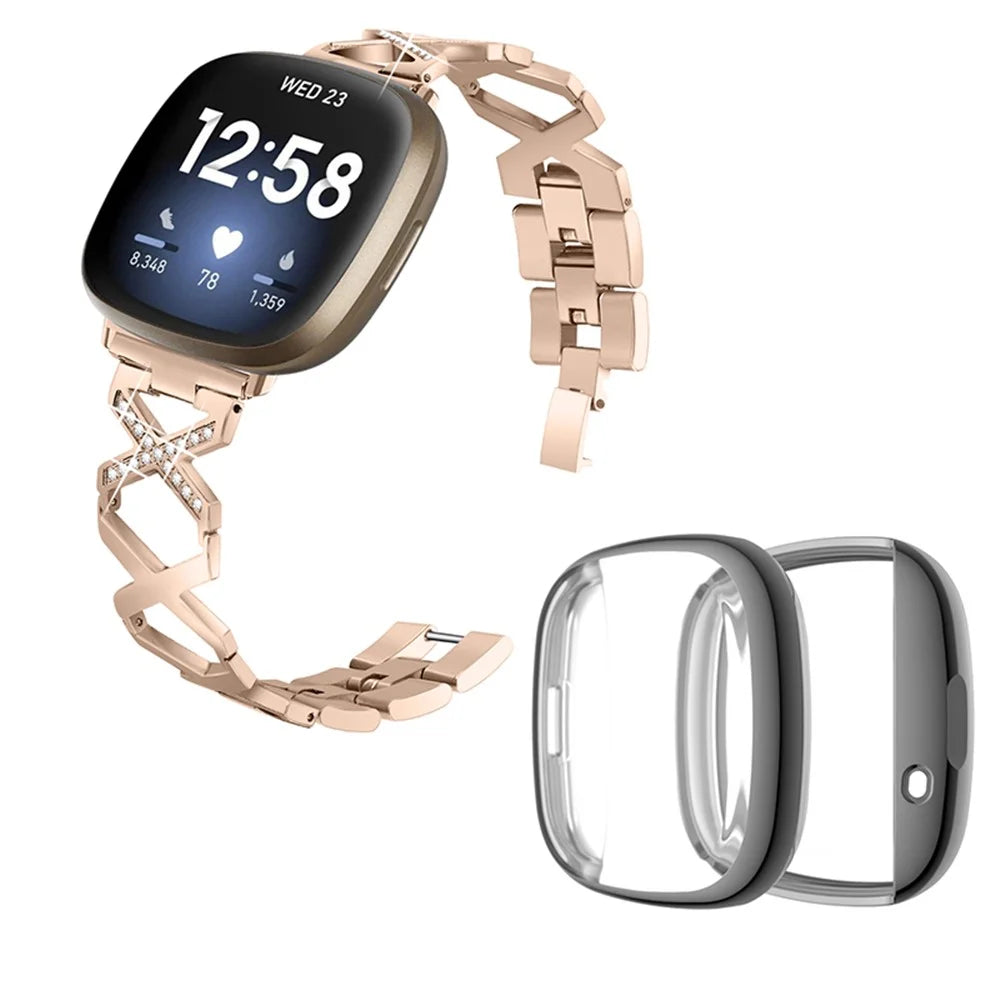 For Fitbit Versa 3 / Sense Watch Band Replacement Rhinestone Decor X-shaped Hollow Bracelet Strap with Grey Full Cover TPU Watch Case - Gold - 1