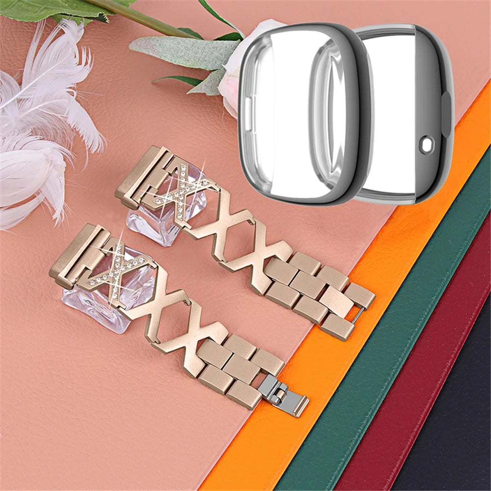 For Fitbit Versa 3 / Sense Watch Band Replacement Rhinestone Decor X-shaped Hollow Bracelet Strap with Grey Full Cover TPU Watch Case - Gold - 2