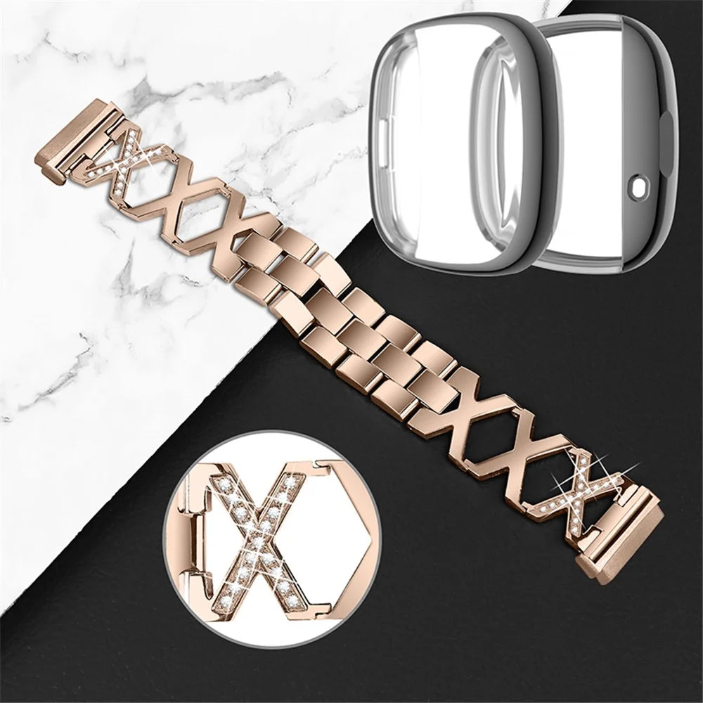 For Fitbit Versa 3 / Sense Watch Band Replacement Rhinestone Decor X-shaped Hollow Bracelet Strap with Grey Full Cover TPU Watch Case - Gold - 3