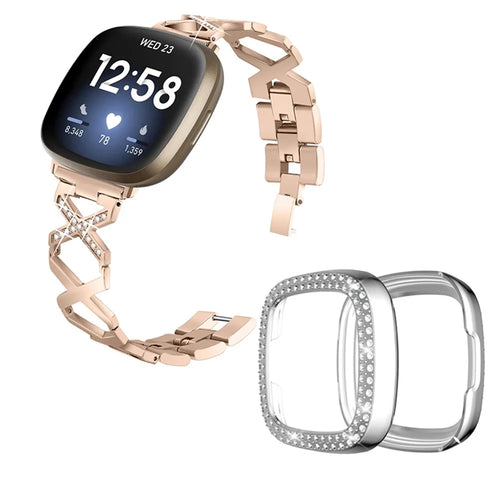 For Fitbit Versa 3 / Sense Stylish X-Shape Design Stainless Steel Bracelet Wrist Strap + Two Row Rhinestones Silver Watch Case - Gold - 1